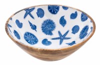 13" Round Blue and White Wood Seashells Bowl