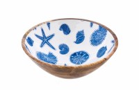 10" Round Blue and White Wood Seashells Bowl