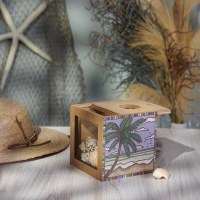 4" Sq Palm Tree Design Wood Seashell Box