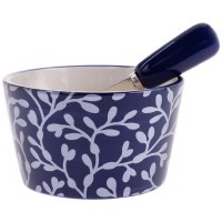 5" Navy Ceramic Seaweed Bowl With a Spreader