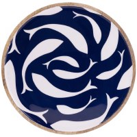 12" Round Navy Fish Pattern Wood Serving Platter