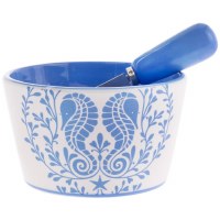 5" Round Ceramic Grand Blue Seahorse Bowl With a Spreader