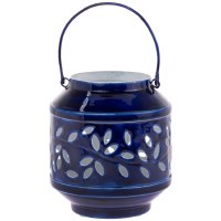6" Navy and White Leaves Metal Lantern
