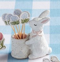 3" Pink Ceramic Bunny Toothpick Holder With Picks by Mud Pie