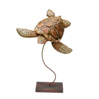 16" Green and Brown Capiz Sea Turtle Statue on a Stand