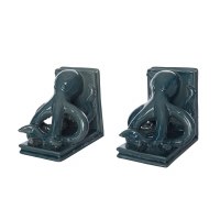 7" Dark Blue Ceramic Octopus Book Ends