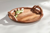 18" Round Brown Wood Twist Handle Serving Tray by Mud Pie