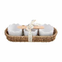 Set of Three White Ceramic Bowls and a Seagrass Basket With a Spreader by Mud Pie