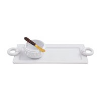 6" x 13" White Ceramic Ring Handle Tray With a Bowl and Spoon by Mud Pie