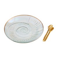 11" Round Gold Rim Glass Sea Shell Platter With Sea Shell Tongs by Mud Pie