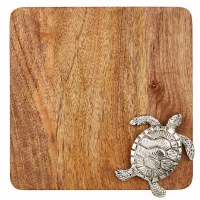 8" Sq Metal Sea Turtle on a Wood Cutting Board by Mud Pie