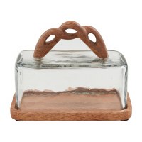 7" Brown Wood and Clear Class Butter Dish by Mud Pie