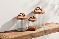 Set of Three Clear Glass and Brown Wood Twist Handles Canisters By Mud Pie