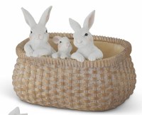 7" Three White Bunnies in a Basket Polyresin Figurine