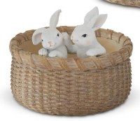 7" Two White Bunnies in a Basket Polyresin Figurine