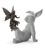 11" Bronze Polyresin Fairy Sitting on a Bunny Figurine