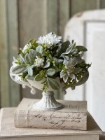 10" Faux White Flowers and Frosted Green Leaves Half Orb