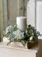 4" Opening Faux White Flowers and Frosted Green Leaves Candle Ring