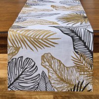 15" x 72" Black and Gold Tropical Leaves Table Runner