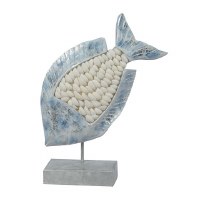 18" Blue and Silver Fish Statue on a Stand With Seashell Scales