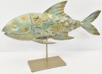21" Silver and Green Metal Fish on a Stand