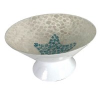 14" Round Blue and White Starfish Footed Capiz Bowl