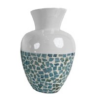 14" White and Blue Capiz and Bamboo Vase