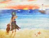 18" x 22" Girl with Dog on Beach Framed Wall Art Under Glass