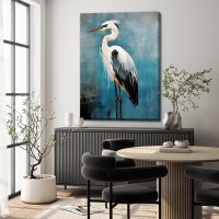 48" x 36" Elegant Heron on Blue Coastal Canvas