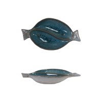 6" Blue Ceramic Two Compartment Fish Dish