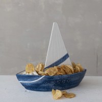 15" Bkue and White Ceramic Sailboat Chip and Dip Dish