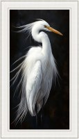 48" x 28" White Egret 1 Gel Textured Coastal Print in a White Frame