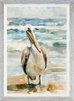 41" x 29" Pelican on the Beach 1 Gel Textured Coastal Print in a Distressed Natural Frame