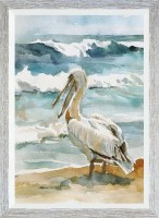 41" x 29" Pelican on the Beach 2 Gel Textured Coastal Print in a Distressed Natural Frame