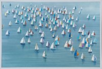 38" x 50" Multicolor Tiny Regatta Sailboats Coastal Canvas in a White Frame