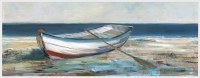 22" x 62" Red, White, and Blue Rowboat on the Beach Coastal Canvas in a White Frame