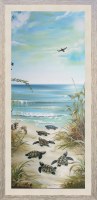 46" x 22" Sea Turtle Hatchlings on the Beach 2 Gel Textuerd Coastal Print in a Distressed Brown Frame