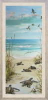 46" x 22" Sea Turtle Hatchlings on the Beach 3 Gel Textured Coastal Print in a Distressed Brown Frame