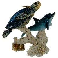 5" Blue Sea Turtle Swimming With a Dolphin Polyresin Coastal Figurine