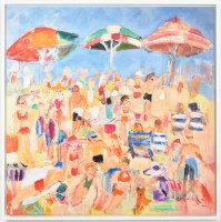 40" Sq Multicolor Beach People Coastal Canvas in a White Frame