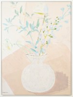48" x 36" Green Leaves in a White Vase Botanical Canvas in a White Frame