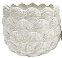 9" Round Distressed White Ceramic Scallop Shell Pot