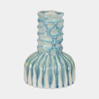 8" White and Blue Ceramic Ribbed Vase