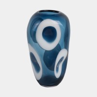 14" Dark Blue and White Circles Glass Vase