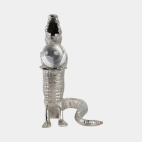 10" Silver Aluminum Alligator Holding a Clear Orb