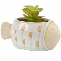 6" Beige and White Coastal Ceramic Fish Pot