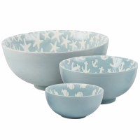 Set of Three 8" Round Blue and White Coastal Pattern Ceramic Bowls