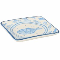 5" Sq Blue and White Coastal Ceramic Fish Pattern Platter