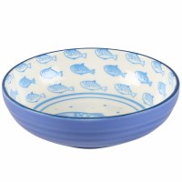 5" Round Blue and White Coastal Ceramic Fish Pattern Low Bowl