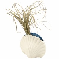 6" Beige and Blue Scallop Shell Ceramic Coastal Vase